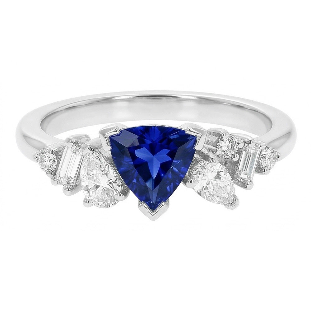 Gemstone Trillion V Prong Blue Sapphire & Natural Earth Mined Diamond ( Not Lab Grown ) Ring 1 Carat