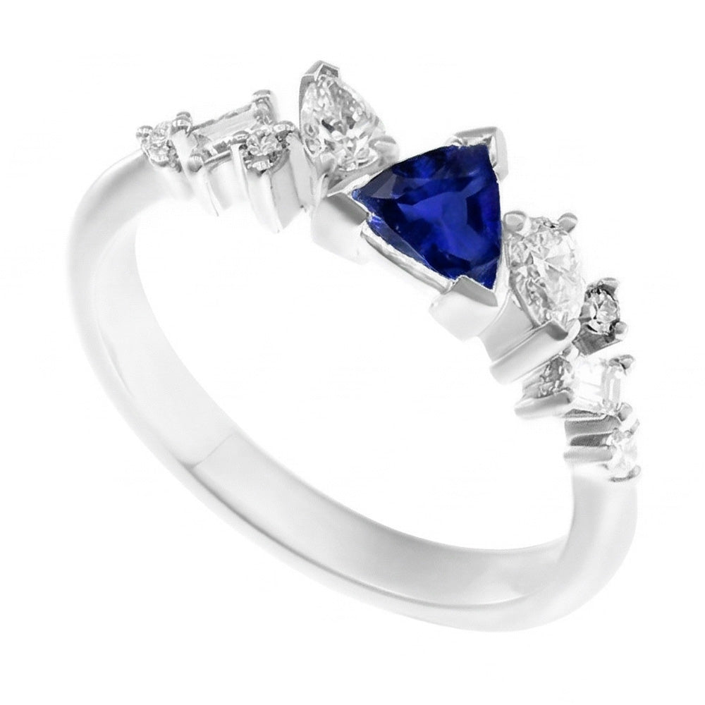 Gemstone Trillion V Prong Blue Sapphire & Natural Earth Mined Diamond ( Not Lab Grown ) Ring 1 Carat