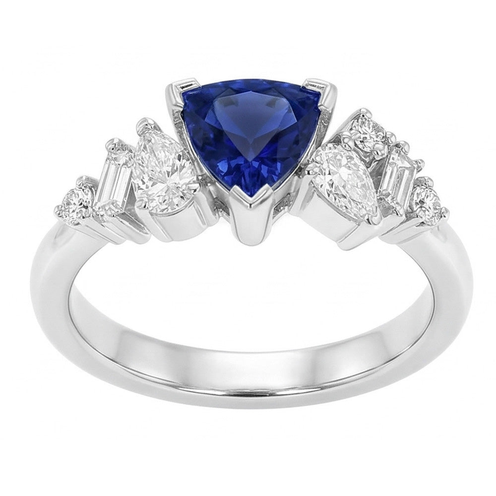 Gemstone Trillion V Prong Blue Sapphire & Natural Earth Mined Diamond ( Not Lab Grown ) Ring 1 Carat