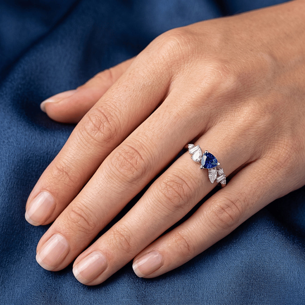 Gemstone Trillion V Prong Blue Sapphire & Natural Earth Mined Diamond ( Not Lab Grown ) Ring 1 Carat