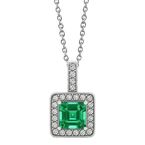 Gemstone Pendant Necklace 4 Ct Asscher Cut Green Emerald And Round Diamonds