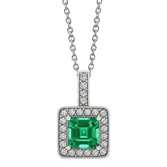 Gemstone Pendant Necklace 4 Ct Asscher Cut Green Emerald And Round Diamonds