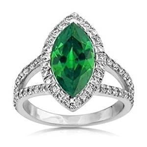 Gemstone Ring 14K Marquise Green Emerald & Round Diamonds 3.35 Ct.