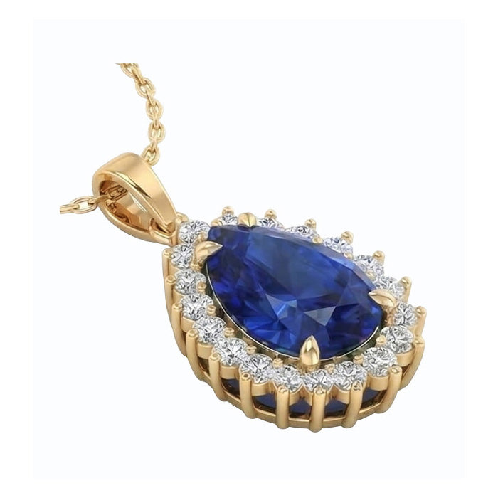 Genuine Teardrop Blue Sapphire Pendant With Natural Earth Mined Diamond ( Not Lab Grown )s