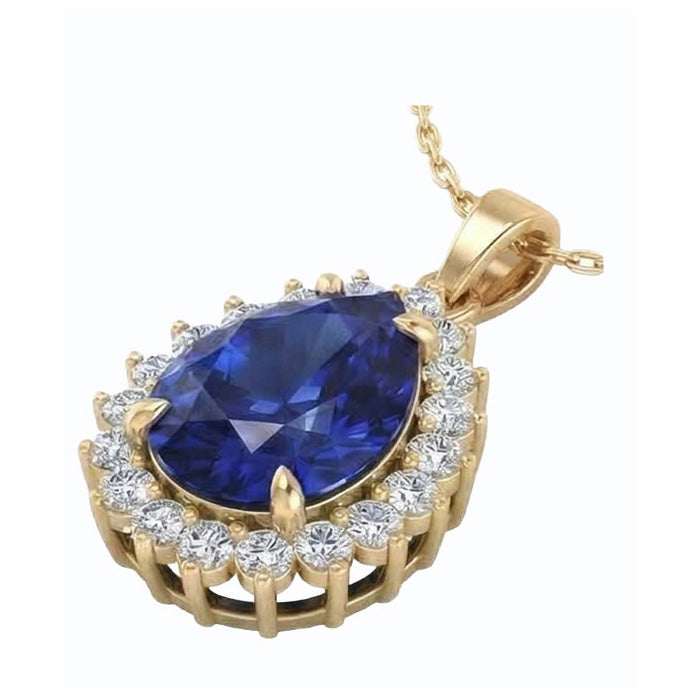 Genuine Teardrop Blue Sapphire Pendant With Natural Earth Mined Diamond ( Not Lab Grown )s