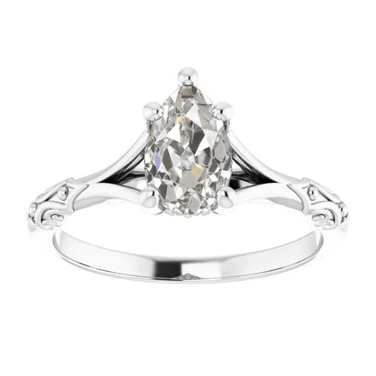 Genuine Antique Style Solitaire Pear Old Mine Cut Diamond Ring 2 Carats