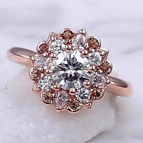 Genuine Diamond Engagement Ring 2 Carats Halo Lotus Flower Rose Gold