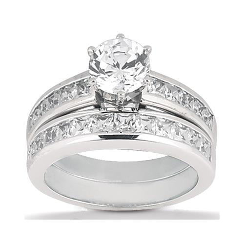 Genuine Diamond Engagement Ring Set 2.85 Carats Round and Princess Cut