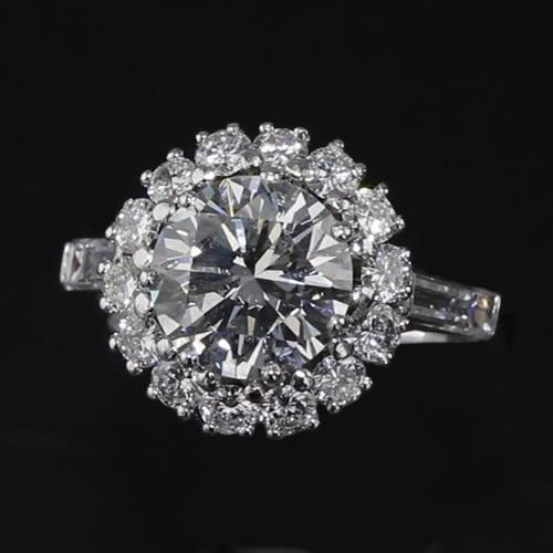 Genuine Diamond Halo Engagement Ring 3 Carats Baguettes and Round Diamonds White Gold