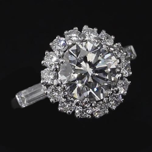 Genuine Diamond Halo Engagement Ring 3 Carats Baguettes and Round Diamonds