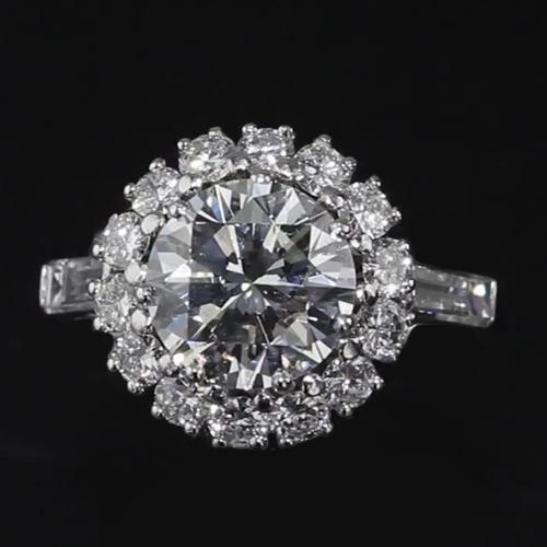 Genuine Diamond Halo Engagement Ring 3 Carats Baguettes and Round Diamonds White Gold 14K