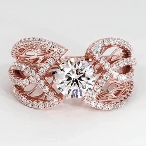 Genuine Diamond Jewelry Ring 3 Carats Rose Gold 14K Filigree