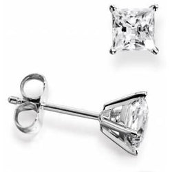 Genuine Diamond Stud Earring White Gold 1.5 Ct. 4 Prong Set Princess Cut