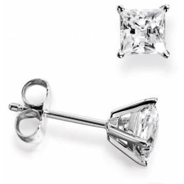 Genuine Diamond Stud Earring White Gold 1.5 Ct. 4 Prong Set Princess Cut - Stud Earrings-harrychadent.ca