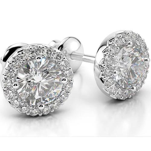 Genuine Diamond Stud Halo Earrings 4 Carats White Gold 14K Women