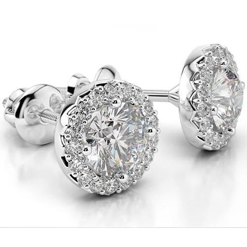 Genuine Diamond Stud Halo Earrings 4 Carats White Gold 14K