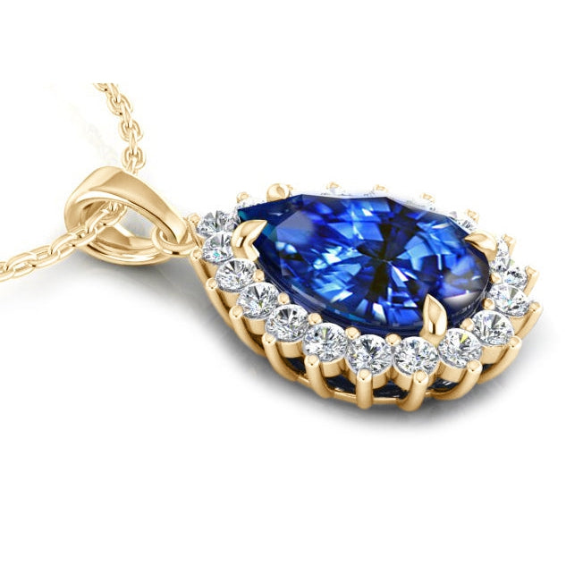 Genuine Teardrop Blue Sapphire Pendant With Diamonds