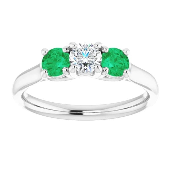 Genuine Three Stone Diamond Emerald Ring 2.40 Carats White Gold 14K