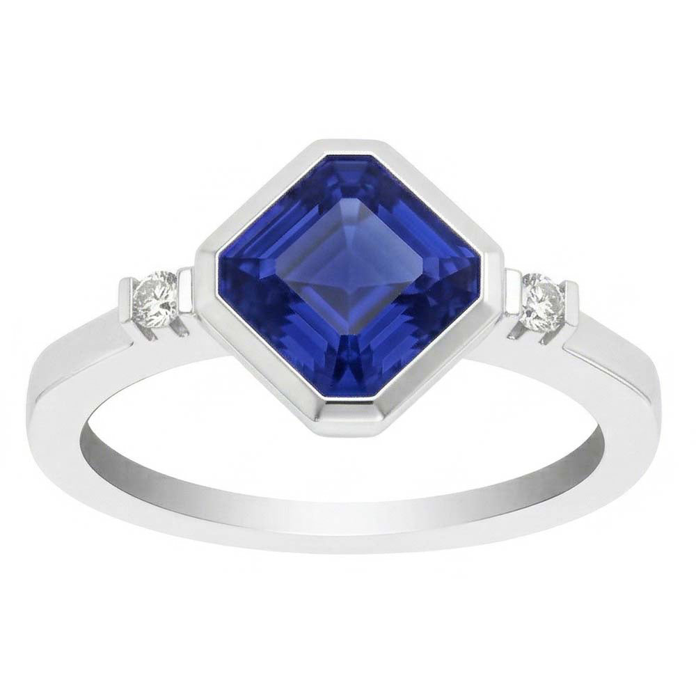 Gold 3 Stone Natural Earth Mined Diamond ( Not Lab Grown ) Asscher Sapphire Ring 2.75 Carats Bezel & Bar Set