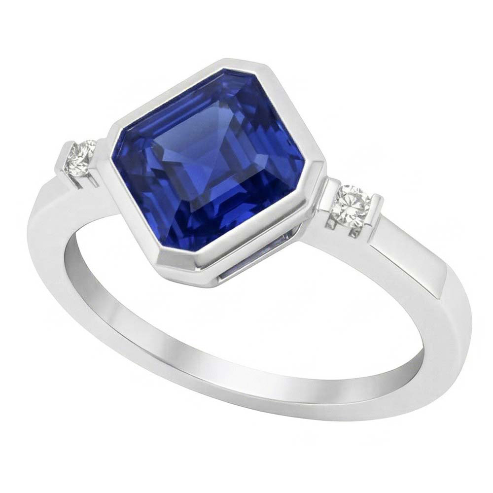 Gold 3 Stone Natural Earth Mined Diamond ( Not Lab Grown ) Asscher Sapphire Ring 2.75 Carats Bezel & Bar Set
