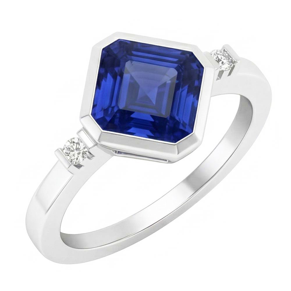 Gold 3 Stone Natural Earth Mined Diamond ( Not Lab Grown ) Asscher Sapphire Ring 2.75 Carats Bezel & Bar Set