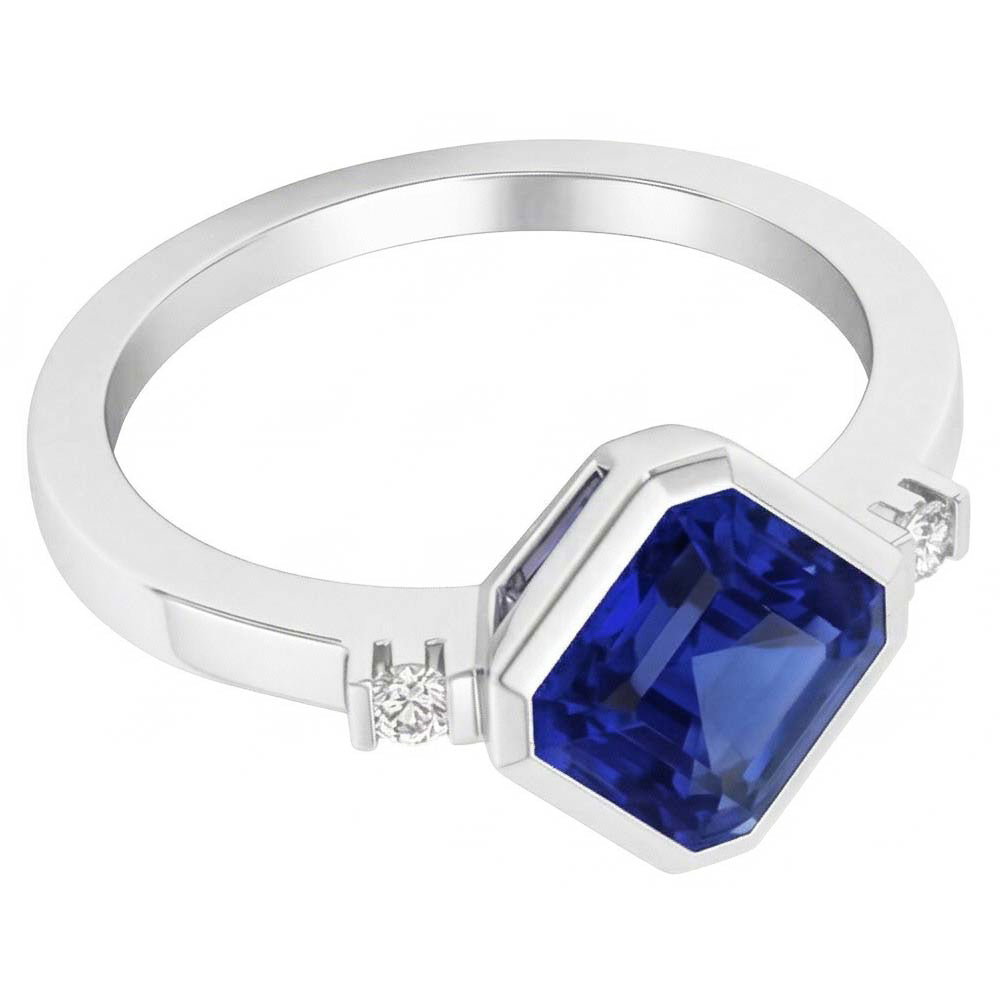 Gold 3 Stone Natural Earth Mined Diamond ( Not Lab Grown ) Asscher Sapphire Ring 2.75 Carats Bezel & Bar Set