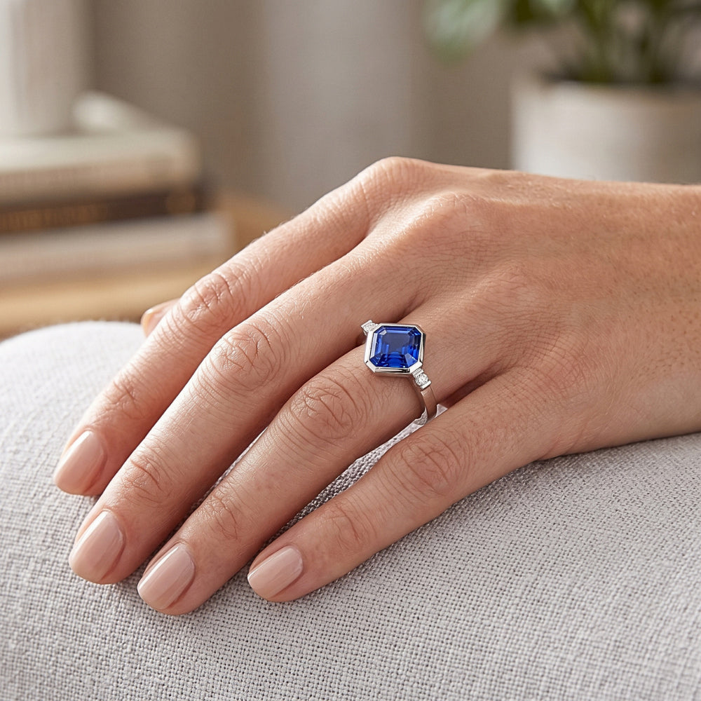 Gold 3 Stone Natural Earth Mined Diamond ( Not Lab Grown ) Asscher Sapphire Ring 2.75 Carats Bezel & Bar Set