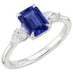 Gold 3 Stone Ring Emerald Cut Blue Sapphire & Pear Natural Earth Mined Diamond ( Not Lab Grown ) 3.50 Carats