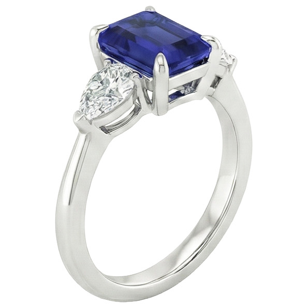 Gold 3 Stone Ring Emerald Cut Blue Sapphire & Pear Natural Earth Mined Diamond ( Not Lab Grown ) 3.50 Carats