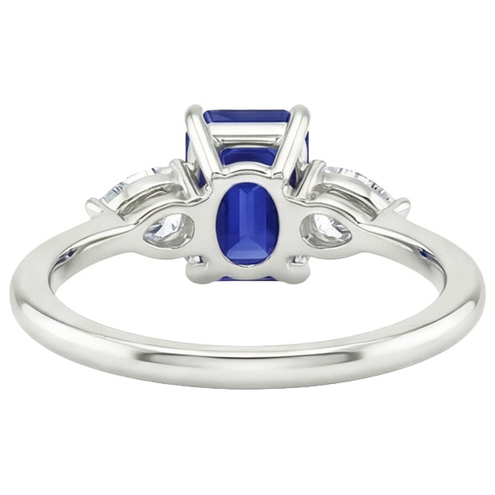 Gold 3 Stone Ring Emerald Cut Blue Sapphire & Pear Natural Earth Mined Diamond ( Not Lab Grown ) 3.50 Carats