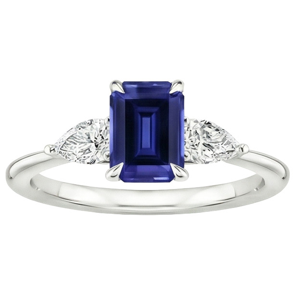 Gold 3 Stone Ring Emerald Cut Blue Sapphire & Pear Natural Earth Mined Diamond ( Not Lab Grown ) 3.50 Carats
