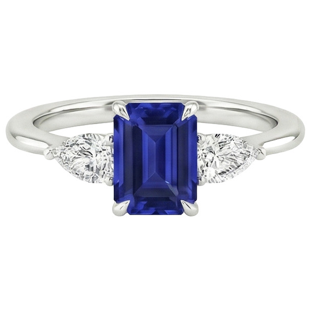 Gold 3 Stone Ring Emerald Cut Blue Sapphire & Pear Natural Earth Mined Diamond ( Not Lab Grown ) 3.50 Carats