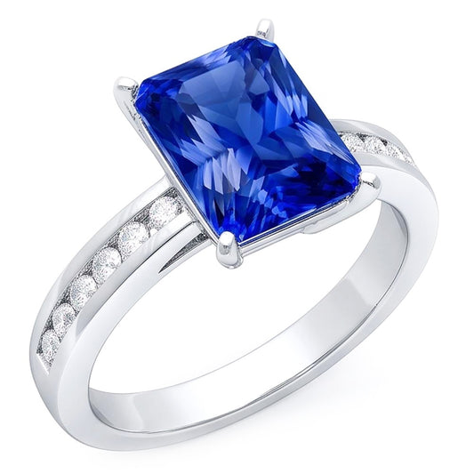 Gold Anniversary Blue Sapphire Ring 4 Carats Channel Set Natural Earth Mined Diamond ( Not Lab Grown )s