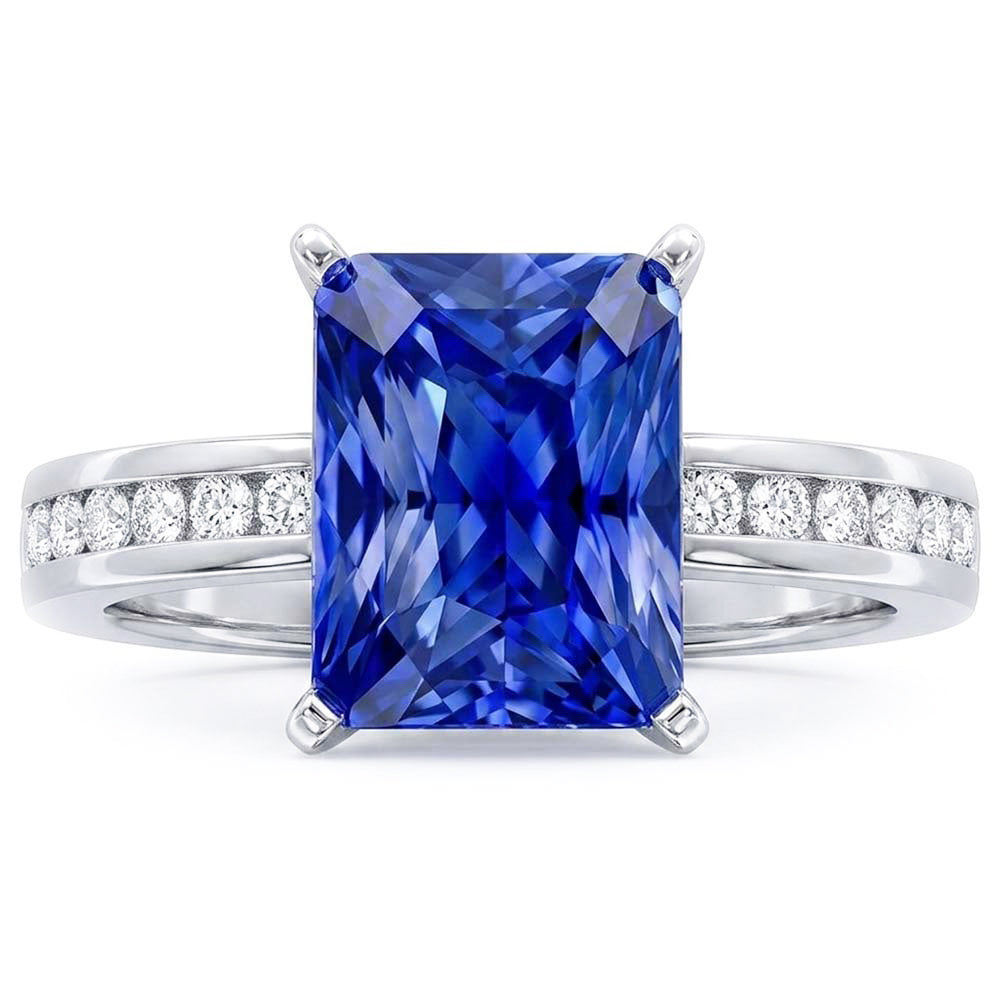 Gold Anniversary Blue Sapphire Ring 4 Carats Channel Set Natural Earth Mined Diamond ( Not Lab Grown )s