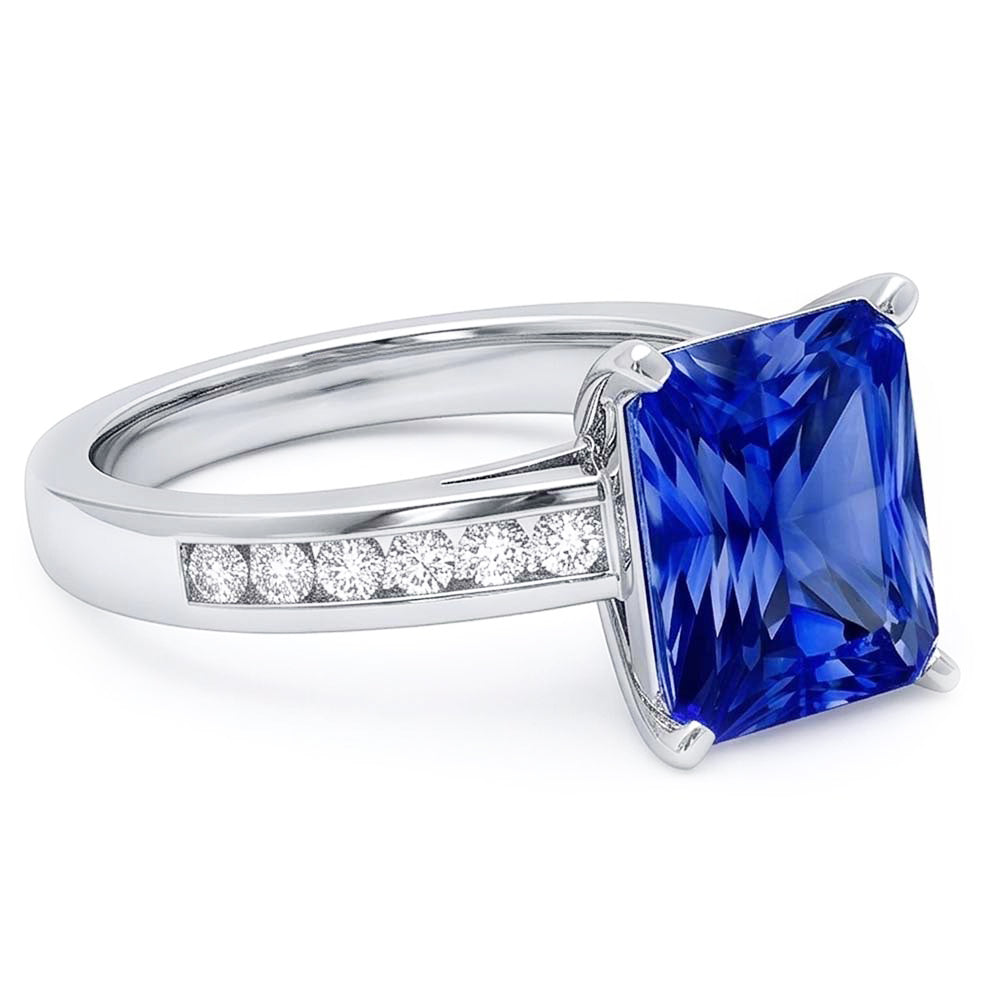 Gold Anniversary Blue Sapphire Ring 4 Carats Channel Set Natural Earth Mined Diamond ( Not Lab Grown )s