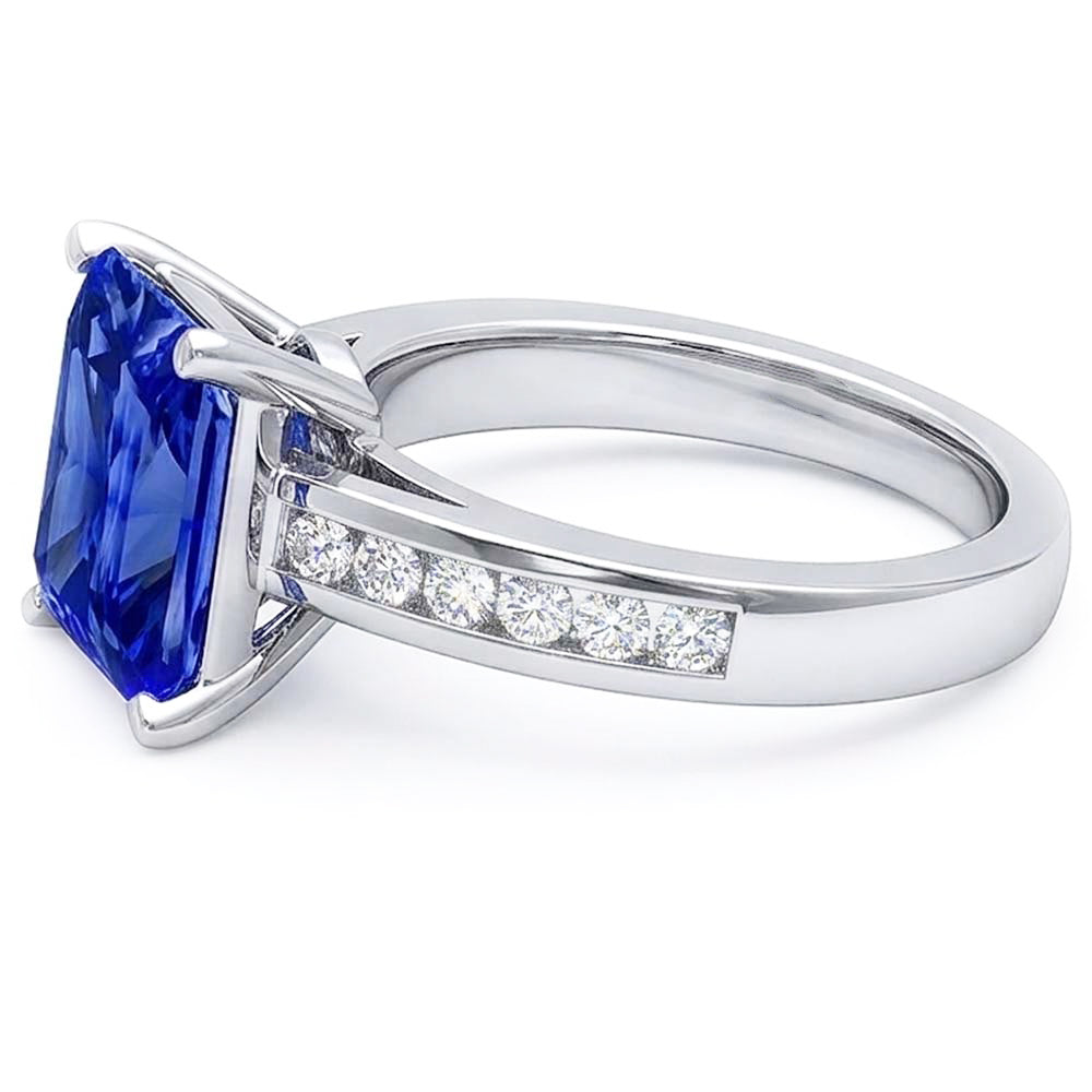 Gold Anniversary Blue Sapphire Ring 4 Carats Channel Set Natural Earth Mined Diamond ( Not Lab Grown )s