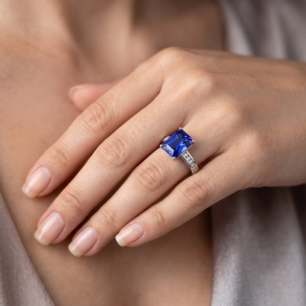 Gold Anniversary Blue Sapphire Ring 4 Carats Channel Set Natural Earth Mined Diamond ( Not Lab Grown )s