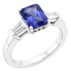 Gold Baguette Natural Earth Mined Diamond ( Not Lab Grown ) Ring 3 Stone Ceylon Sapphire Jewelry 2.50 Carats