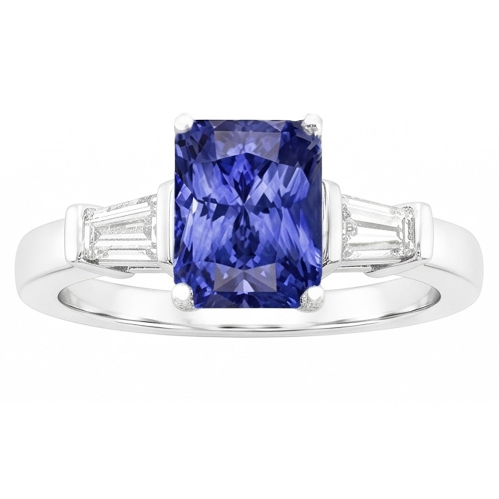 Gold Baguette Natural Earth Mined Diamond ( Not Lab Grown ) Ring 3 Stone Ceylon Sapphire Jewelry 2.50 Carats