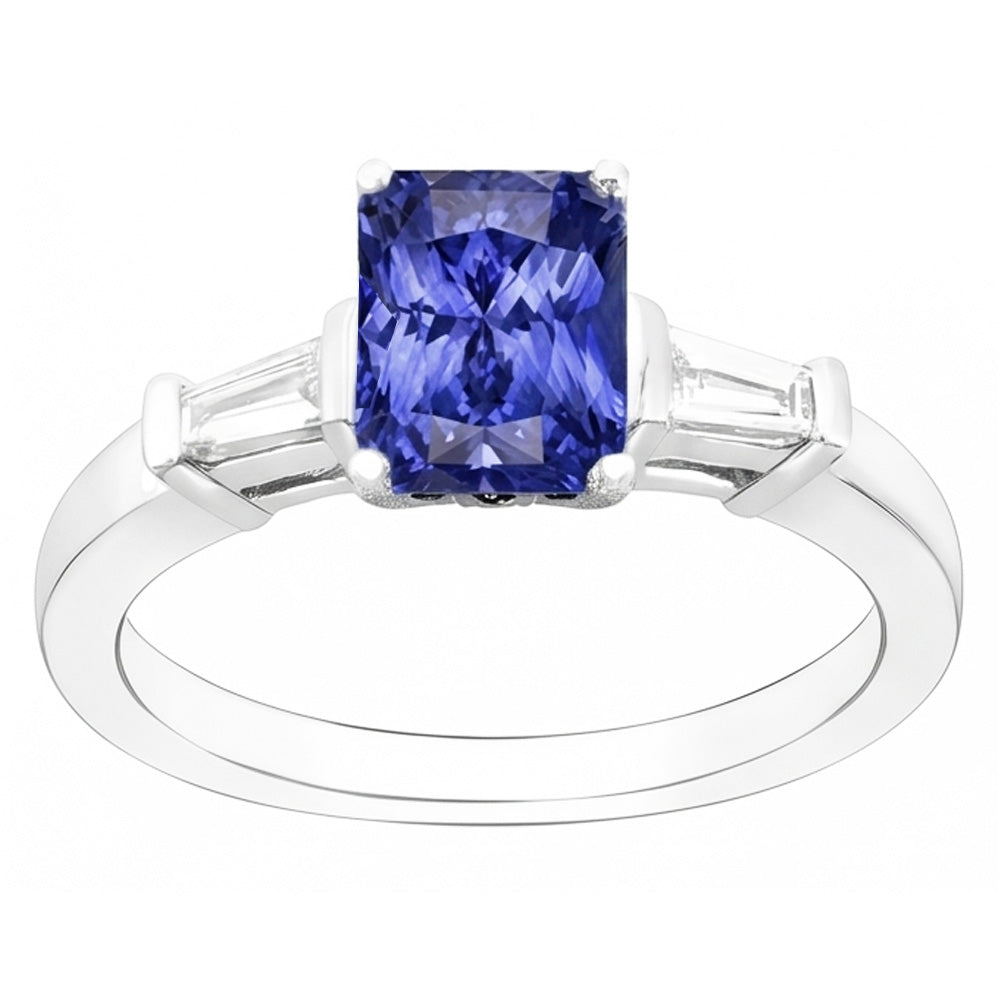 Gold Baguette Natural Earth Mined Diamond ( Not Lab Grown ) Ring 3 Stone Ceylon Sapphire Jewelry 2.50 Carats