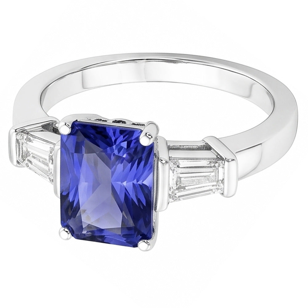 Gold Baguette Natural Earth Mined Diamond ( Not Lab Grown ) Ring 3 Stone Ceylon Sapphire Jewelry 2.50 Carats