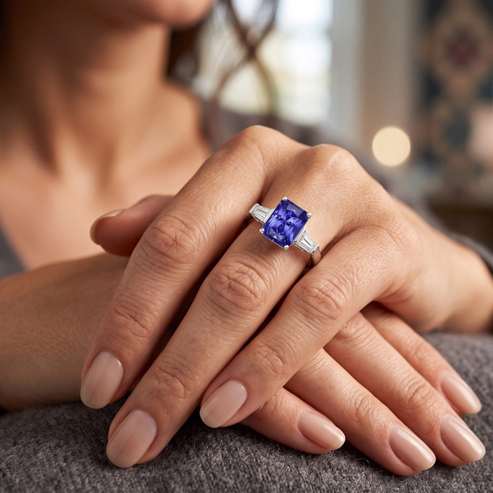 Gold Baguette Natural Earth Mined Diamond ( Not Lab Grown ) Ring 3 Stone Ceylon Sapphire Jewelry 2.50 Carats