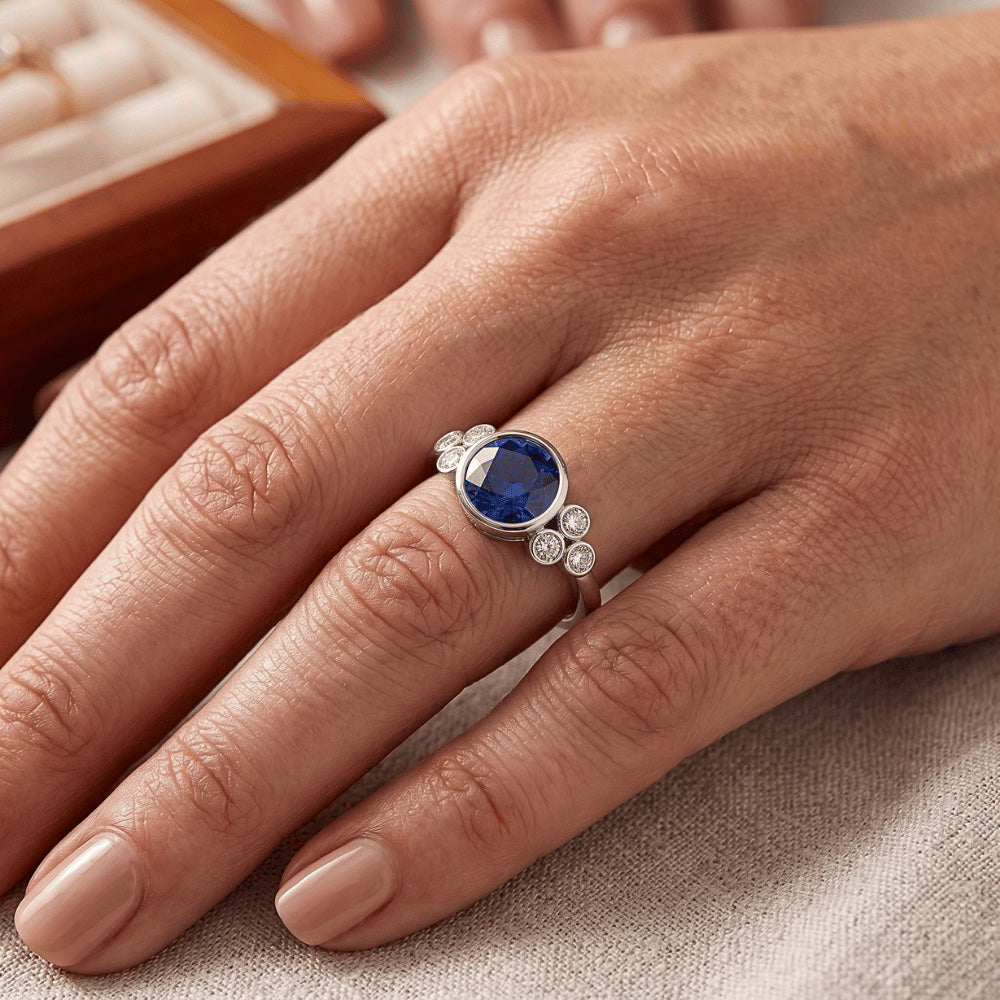 Gold Bezel Set Ceylon Sapphire & Natural Earth Mined Diamond ( Not Lab Grown ) Engagement Ring 1.75 Carats