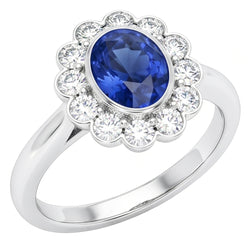 Gold Bezel Set Halo Oval Ceylon Sapphire And Natural Earth Mined Diamond ( Not Lab Grown ) Ring 9...
