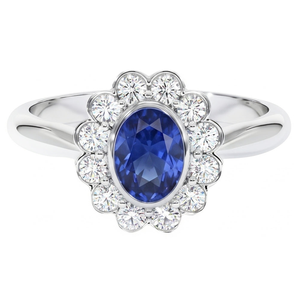 Gold Bezel Set Halo Oval Ceylon Sapphire And Natural Earth Mined Diamond ( Not Lab Grown ) Ring 9...