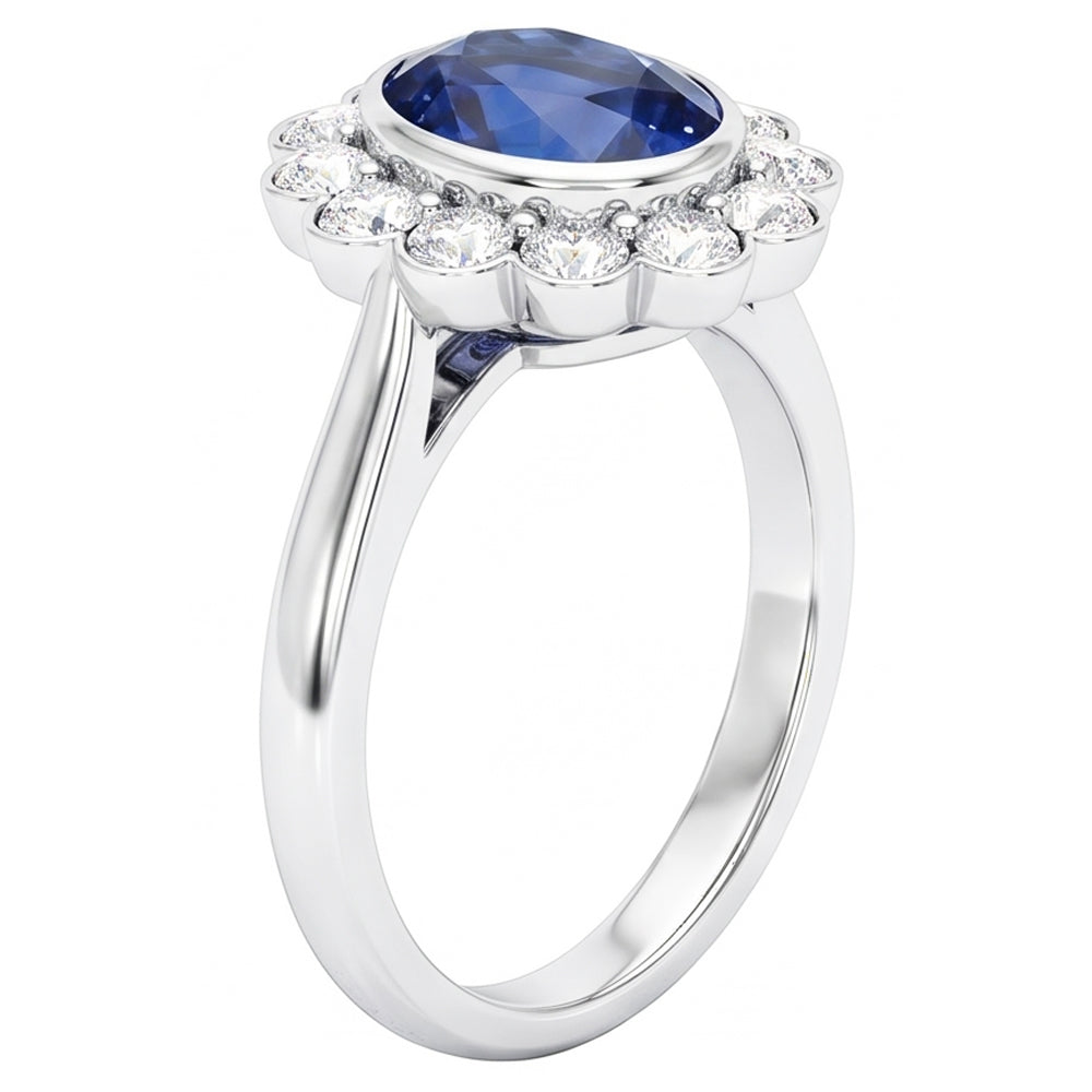 Gold Bezel Set Halo Oval Ceylon Sapphire And Natural Earth Mined Diamond ( Not Lab Grown ) Ring 9...