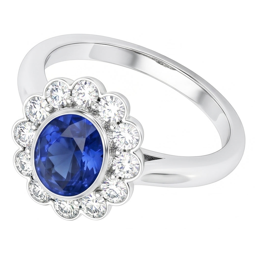 Gold Bezel Set Halo Oval Ceylon Sapphire And Natural Earth Mined Diamond ( Not Lab Grown ) Ring 9...