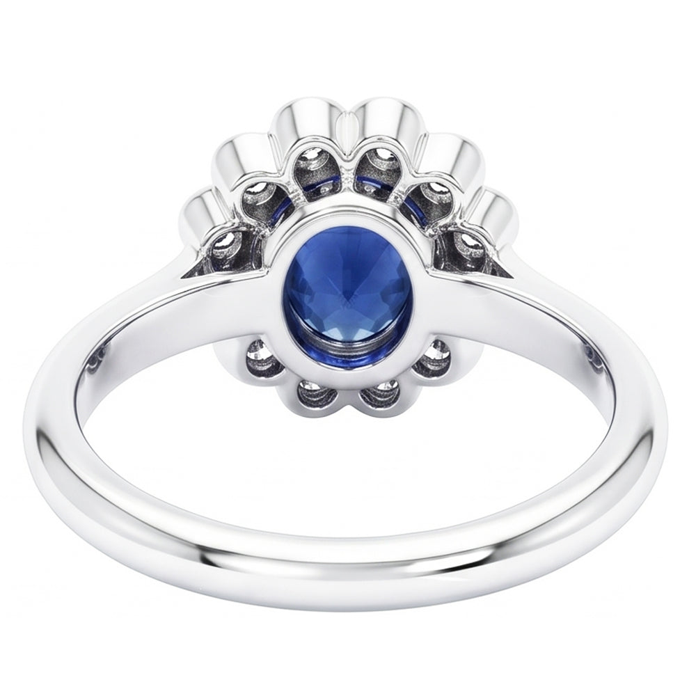 Gold Bezel Set Halo Oval Ceylon Sapphire And Natural Earth Mined Diamond ( Not Lab Grown ) Ring 9...