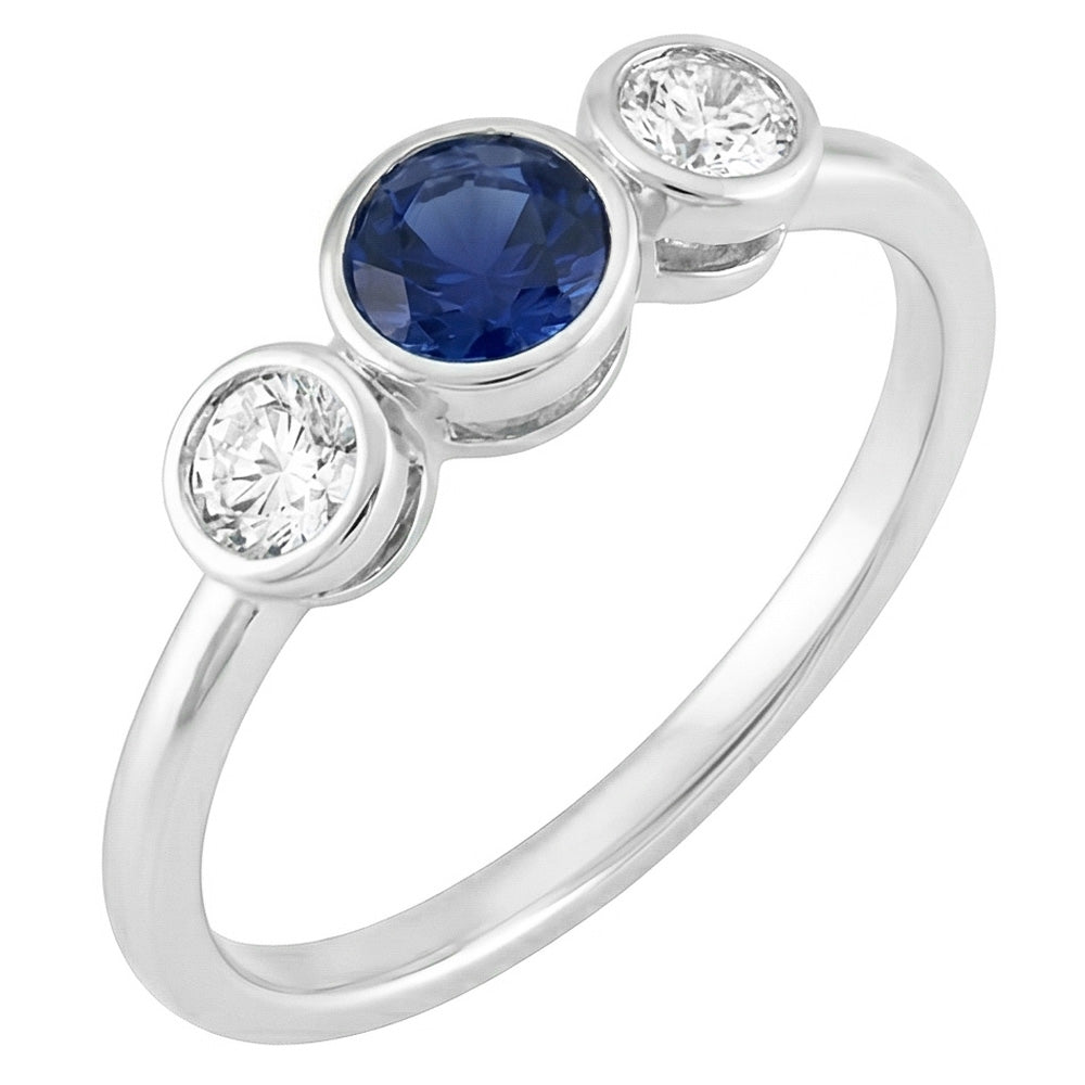 Gold Gemstone Ring Bezel Set Natural Earth Mined Diamond ( Not Lab Grown ) s & Sapphire 3 Stone 1....