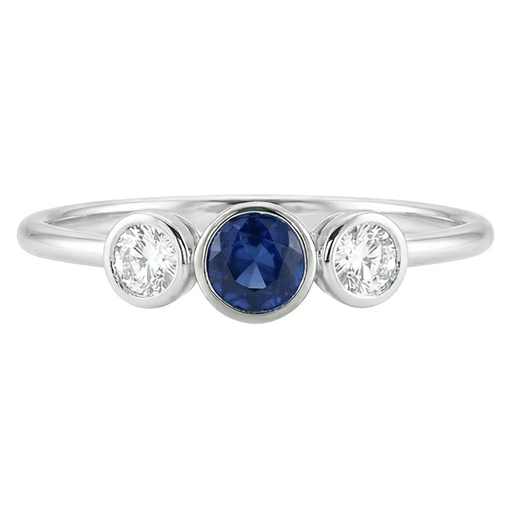 Gold Gemstone Ring Bezel Set Natural Earth Mined Diamond ( Not Lab Grown ) s & Sapphire 3 Stone 1....